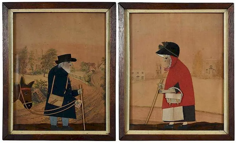 George Smart, Old Bright the Postman and The Goosewoman, felt figures on watercolor and paper backgrounds