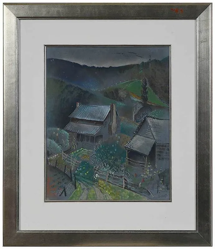 Two Cabins by Will Henry Stevens, pastel and watercolor on paper, offered Dec 2019