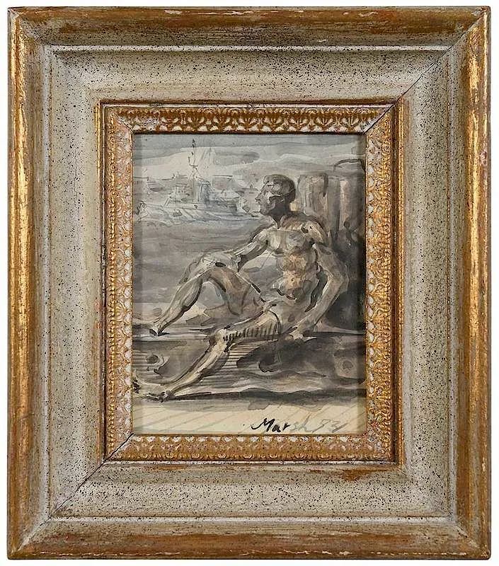 Reginald Marsh, Sitting on the Dock, 1953, mixed media on gessoed panel