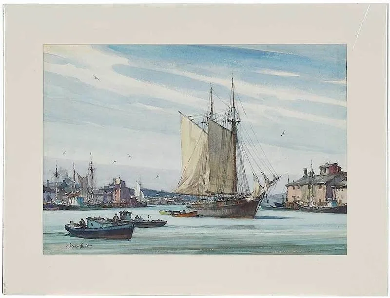 Schooner in Harbor by Gordon Grant, watercolor on paper, sold Dec 2019