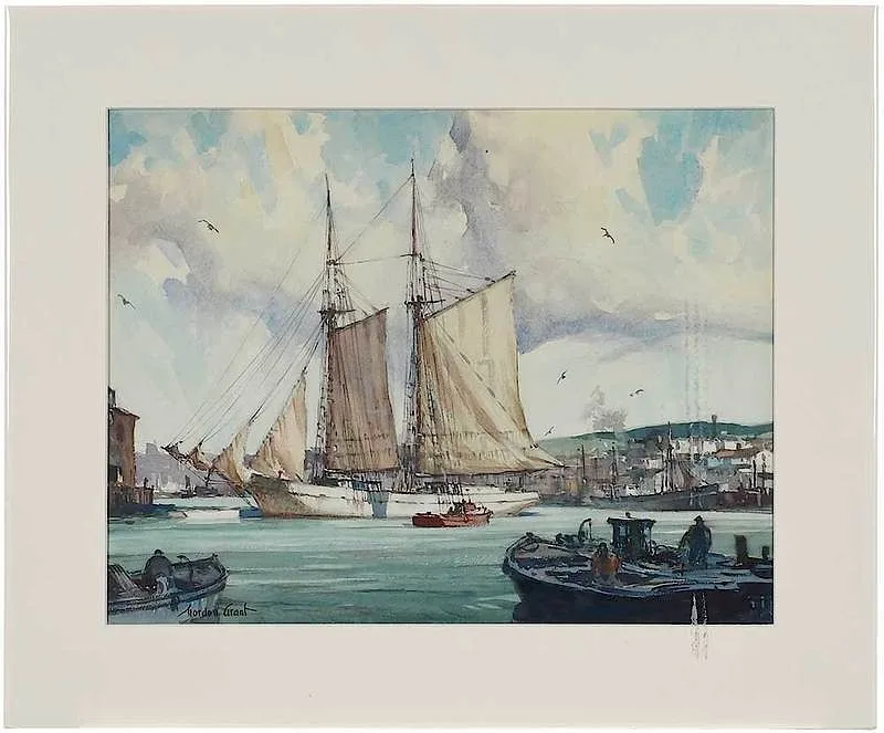 Harbor Scene by Gordon Grant, watercolor on paper, sold Dec 2019