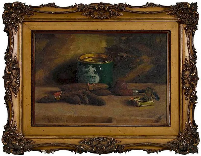 John Willard Raught, Still Life with Smoking Equipment, oil on canvas board