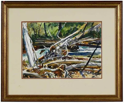Ogden Pleissner, Log Jam, watercolor on paper