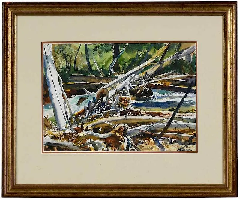 Log Jam by Ogden Pleissner, watercolor on paper, sold Dec 2019