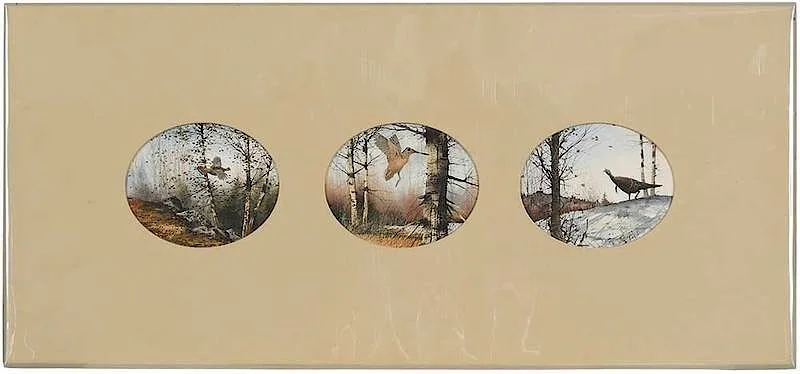 Wildlife Triptych featuring Ruffled Grouse, Woodcock, and Turkey, each signed "David Hagerbaumer 1966 by David Hagerbaumer, watercolor on paper, sold Dec 2019