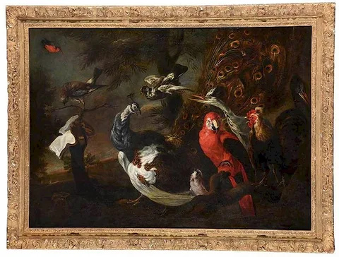 Joannes Fijt, Concert of Birds, including a peacock, parrot, cockerel, hawk, herons and others, circa 1650-1680, oil on canvas