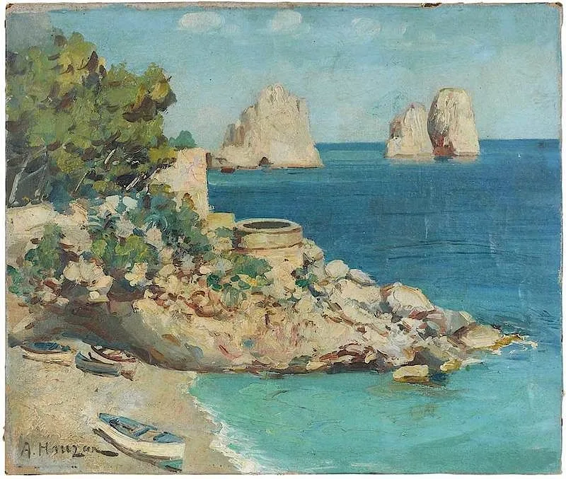 Mediterranean Coast by Aleksei Vasilievich Hanzan, oil on canvas, sold Dec 2019