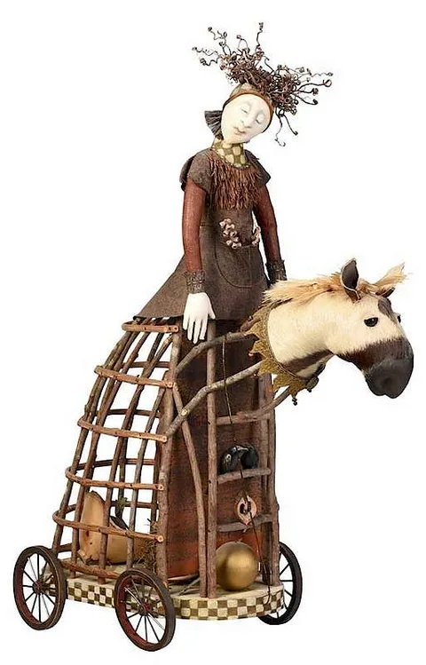 Akira Blount, Figural cart with zebra and cardinal, mixed media construction