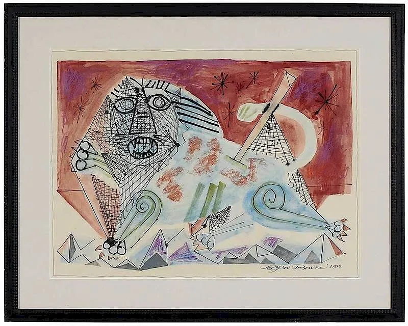 Wounded Lion by Byron Browne, 1948, tempera and ink on paper, sold Dec 2019