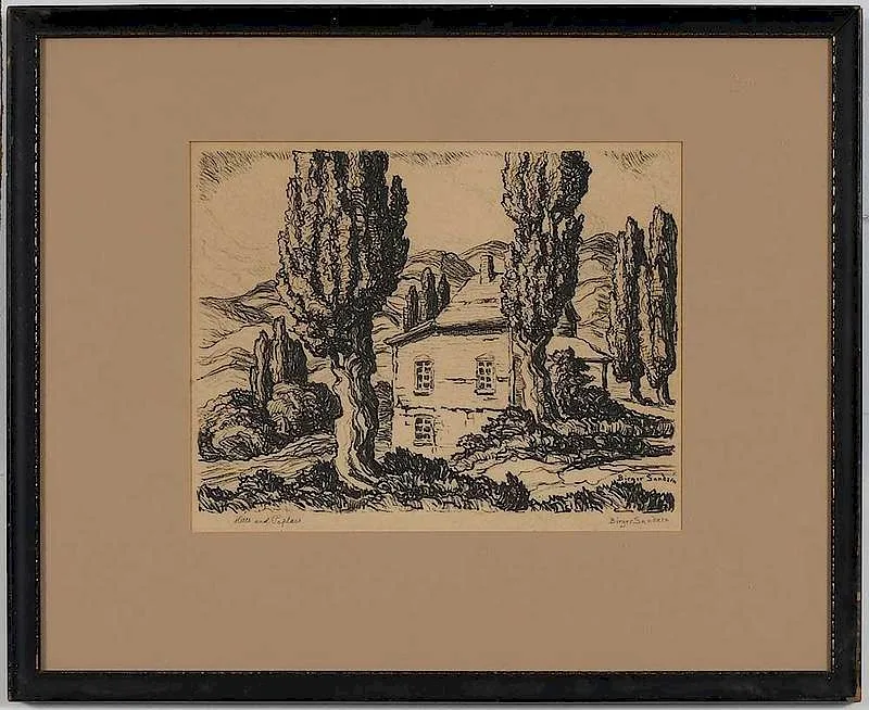 Hills and Poplars by Birger Sandzén, lithograph on paper, sold Dec 2019
