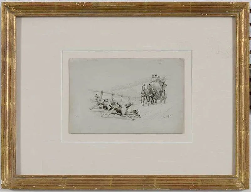 Edward Algernon Stuart Douglas, Hounds Coursing in Front of a Stage Coach, pen and ink on paper