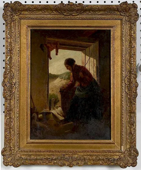 Tom McEwan, Letting the Geese Out, not apparently signed, oil on canvas