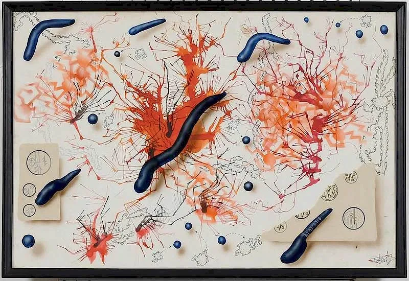 Untitled Abstract Collaboration, Abstract Composition With Red and Black, mixed media on board
