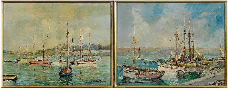 Henri Stern, Two Bretagne Harbor Scenes, oil on Masonite