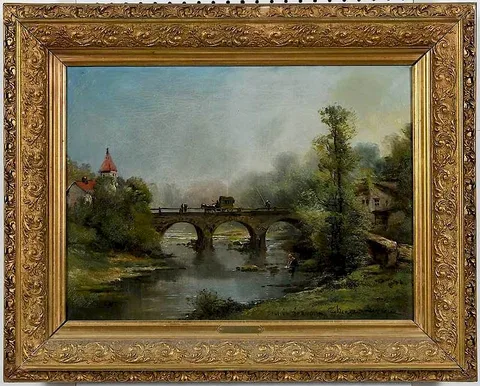 Théodore Levigne, A River Bridge, tiled indistinctly "Pont de L..., oil on canvas
