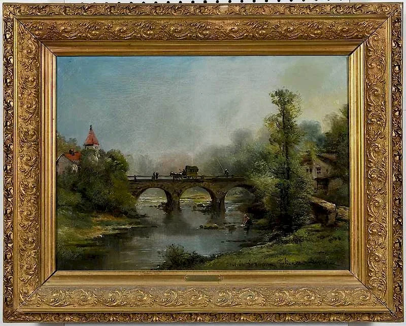 Théodore Levigne, A River Bridge, tiled indistinctly "Pont de L..., oil on canvas
