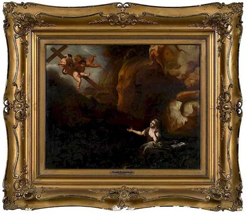 Mary Magdalene Contemplating the Cross by Cornelis van Poelenburgh, oil on panel, offered Sep 2019