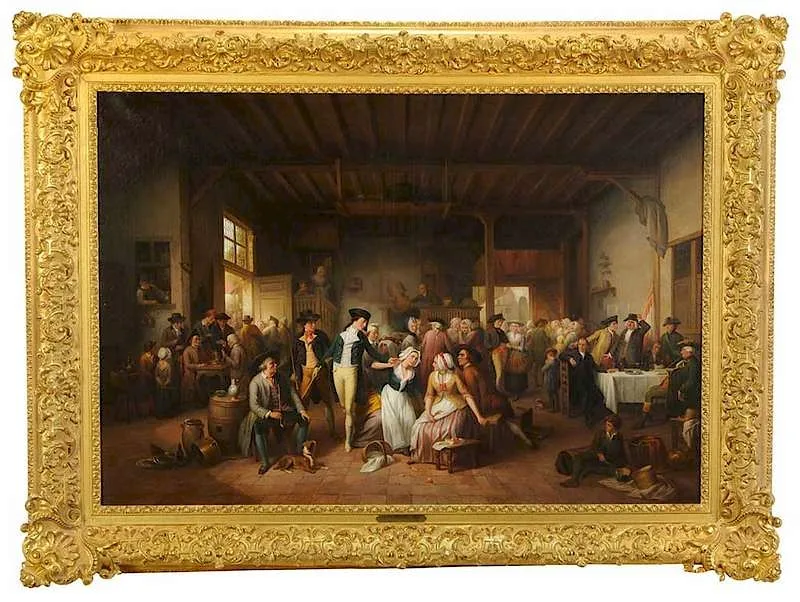 Le trouble-fˆte (scŠne Flamande de la fin du XVIIIŠme siŠcle), after the 1852 work held by Le Mus‚e royaux des Beaux-Arts de Belgique by Jean Baptiste Madou, oil on canvas, sold Sep 2019