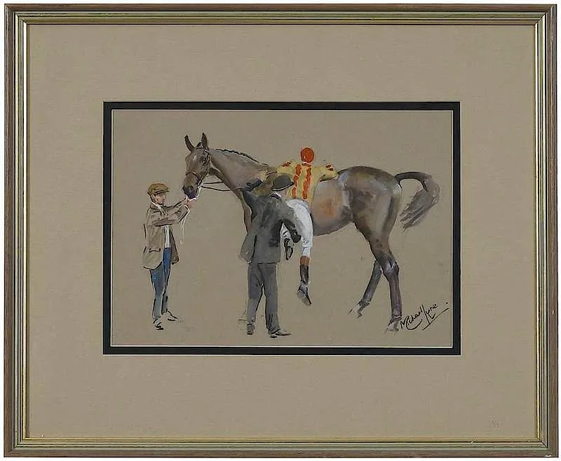 Michael Lyne, ÿJockey Up!, gouache on taupe paper