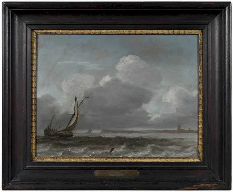 Simon de Vlieger, Sailing off the Coast in Choppy Seas, oil on oak panel
