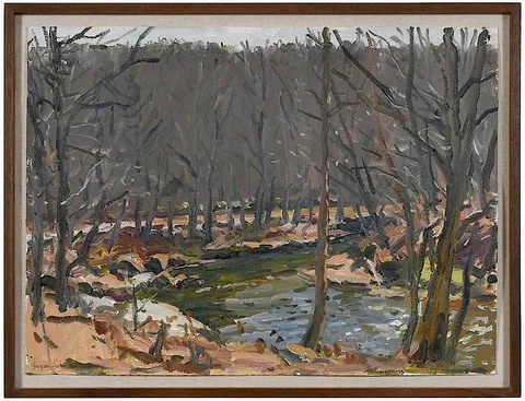 Eugene Leake, Dark Stream,ÿ signed lower left "Eugene Leake, oil on heavy paper