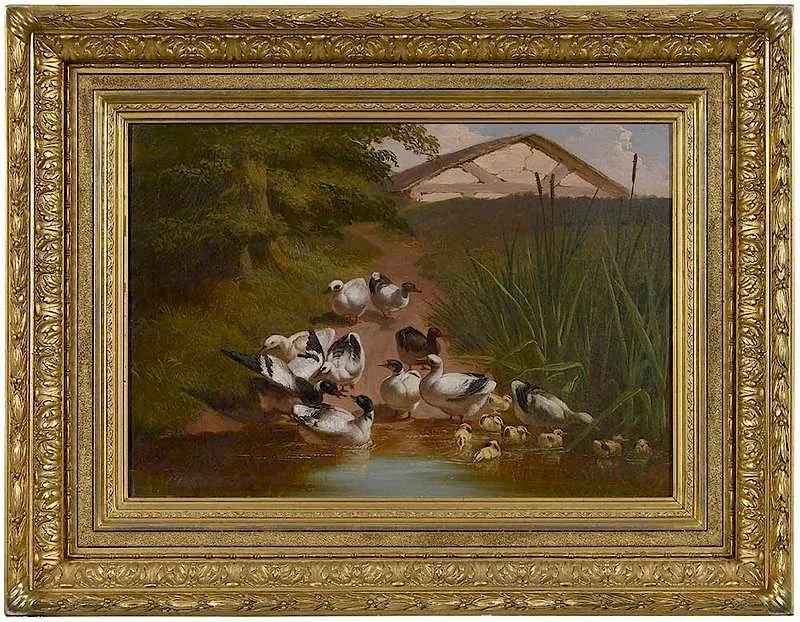 Thomas J. Hill, Ducks and Ducklings by a Pond, oil on canvas