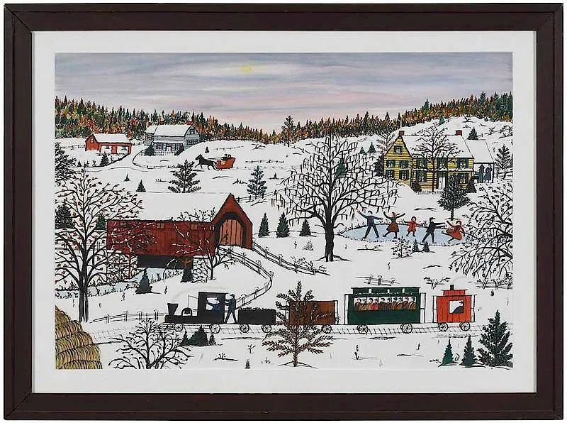 Winter Scene with Train by Hattie K. Brunner, watercolor and gouache on paper, sold Sep 2019