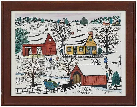 Winter Scene with Covered Bridge by Hattie K. Brunner, watercolor on paper, sold Sep 2019