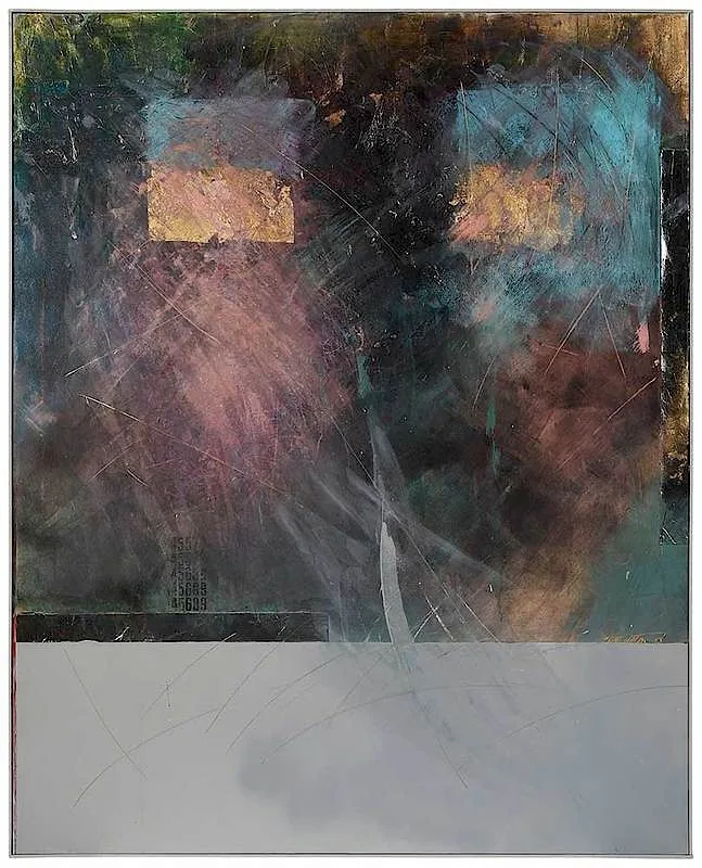 Scott Upton, ÿUntitled, abstract composition, oil on canvas with applied elements