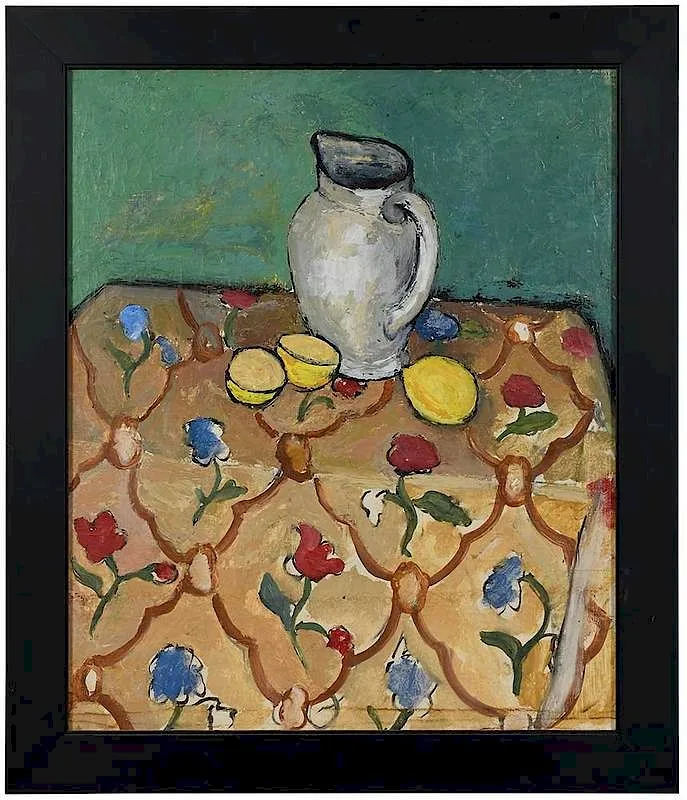 John Flanagan, Still Life with Lemons and A Pitcher on a Floral Tablecloth, oil on canvas