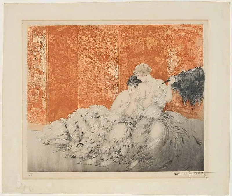 Moquerie (Mockery) by Louis Icart, 1927, color etching and aquatint, sold Sep 2019