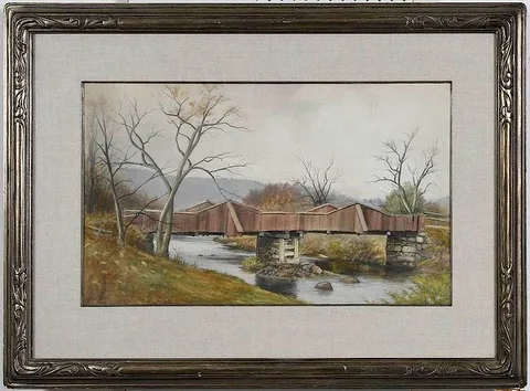 The Covered Bridge by George S. Payne, watercolor, sold Sep 2019