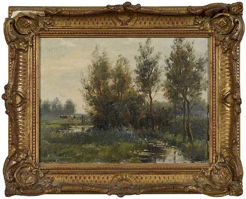 Frederik Engel, Cows Grazing by a River, 1940, oil on canvas board