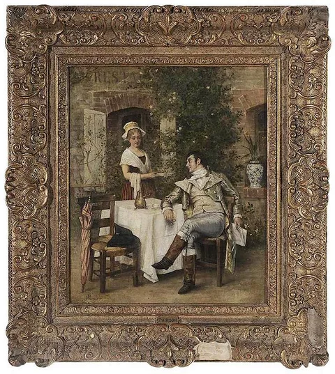 Maurice Poirson, Gentleman Taking Tea in a Courtyard, oil on canvas