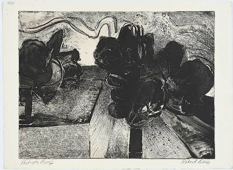 Robert Bero, Untitled, abstract trees in a landscape, etching on cream wove paper