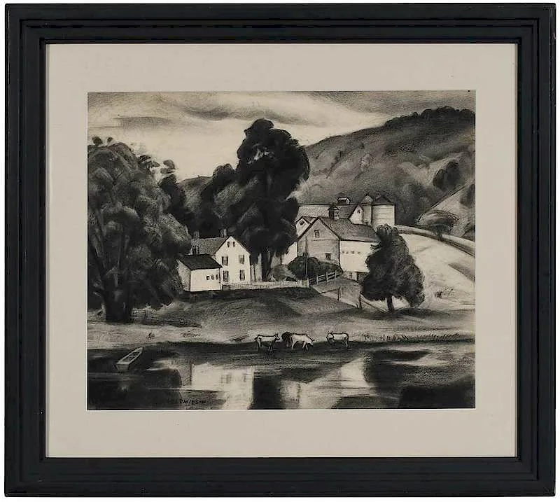 Farm Scene by George Davidson, charcoal on paper, offered Jul 2019