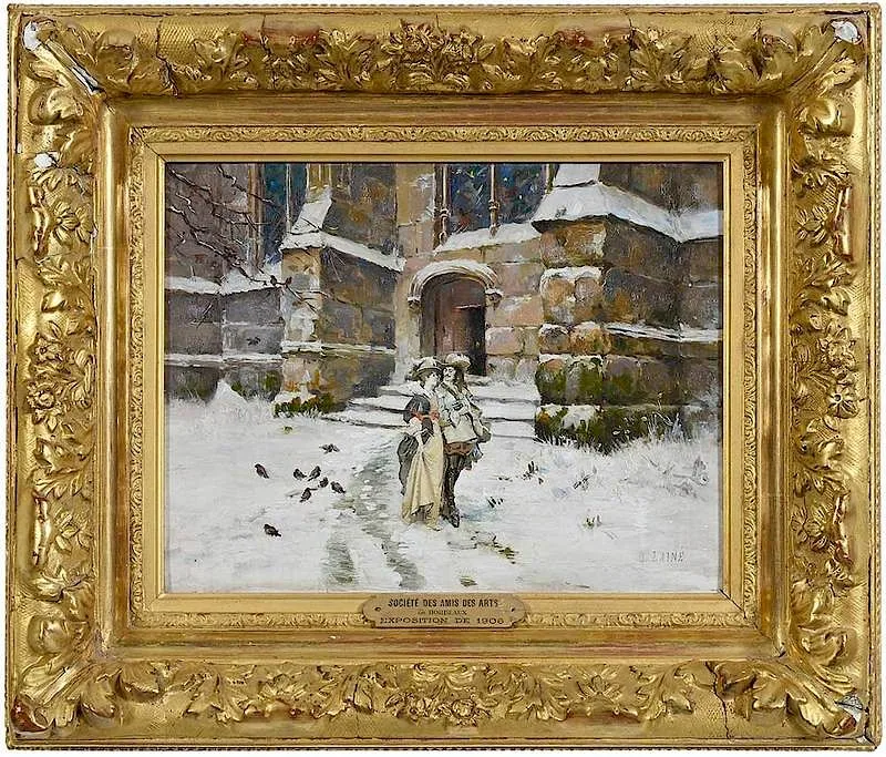 Louis Lain‚, Two People Strolling in the Snow, oil on panel