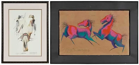 Two works: Equus #4 by Sarah Rogers, 1992, pastel and pencil on paper, sold Jul 2019