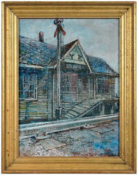 Cave Springs, Georgia Train Station by Warren Eliphalet Rollins, oil on board, sold Jul 2019