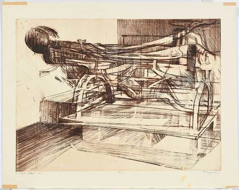Michael Mazur, The Paper Cutter, etching in brown ink on cream wove paper