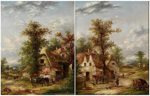Georgina Lara, A pair of rural farm scenes: Wayside Tavern and a Busy Farmyard, not apparently signed, oil on canvas