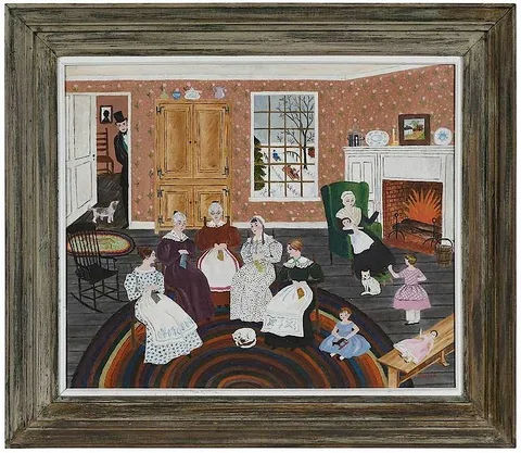 Albert Webster Davies, Sewing Bee in the Front Parlor, oil on masonite