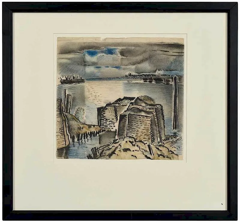 Harbor Scene by Will Henry Stevens, pastel on tracing paper, sold May 2019