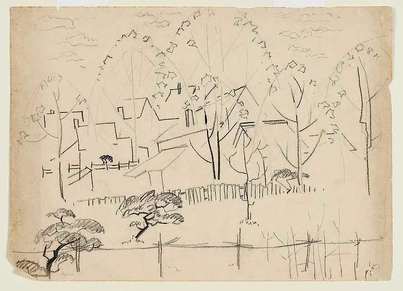 Rooftop Sketch by Will Henry Stevens, graphite on paper, sold May 2019