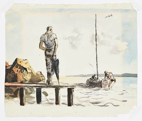 Hughie Lee-Smith, Figures By The Dock, watercolor on paper