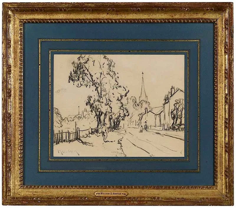 William Samuel Horton, Village Scene with Church, charcoal on buff paper