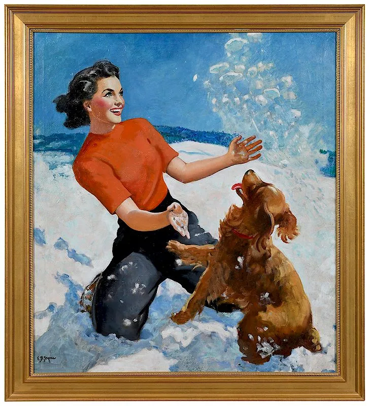 Ellen Segner, Woman with Golden Retriever in the Snow, oil on canvas