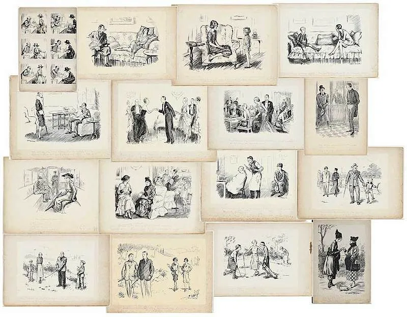 Lewis Baumer, 16 illustrations, all signed, all with some text in pencil lower edge on backing board