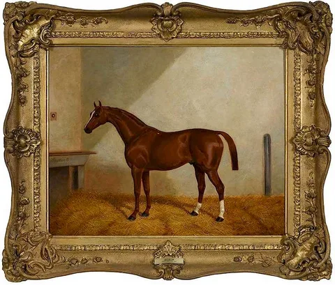 Harry Hall, Chestnut Thoroughbred Racehorse Stockwell, in a loose box, oil on canvas
