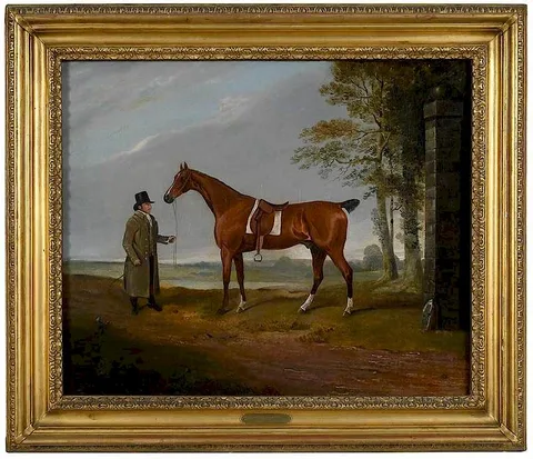 Edwin Cooper, Bay Hunter with a Groom, oil on canvas